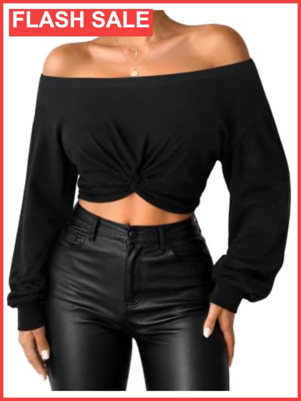 Off Shoulder Twist Front Boat Neck Long Sleeve Crop Top